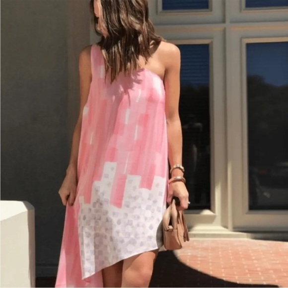 Anthropologie Maeve Pink, Purple, White One Shoulder Silk Dress - Picture 14 of 14